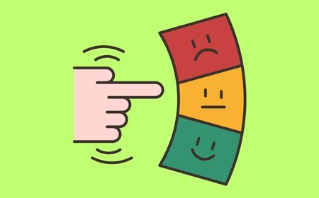 Cartoon of a hand pointing to red, yellow and green lights